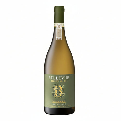 Bottle of Bellevue Stellenbosch Reserve Chenin Blanc wine on a white background