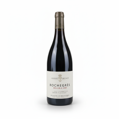 Wine bottle with Albert Bichot Rochegres Moulin-a-Vent label on a white background