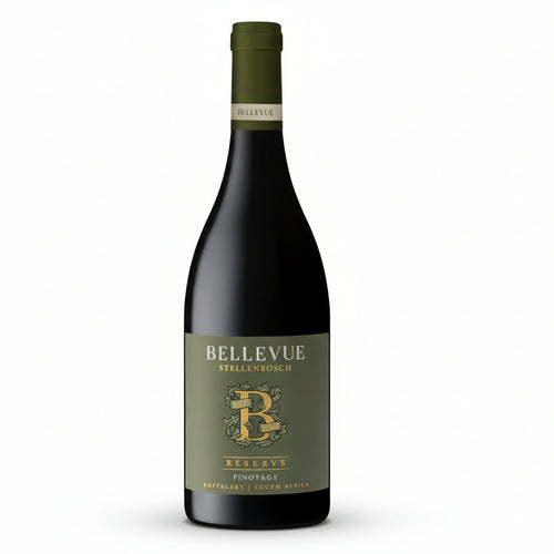 Wine bottle with Bellevue Stellenbosch Reserve Pinotage label on a white background